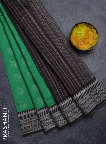 Sambalpuri semi silk saree green and brown with paisley butta weaves and thread woven border
