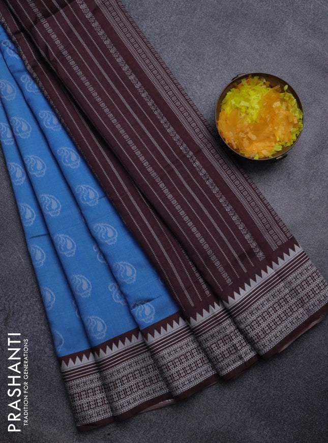 Sambalpuri semi silk saree light blue and brown with paisley butta weaves and thread woven border