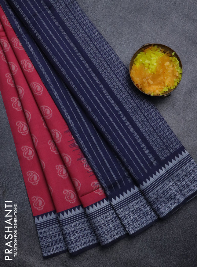 Sambalpuri semi silk saree pink and navy blue with paisley butta weaves and thread woven border