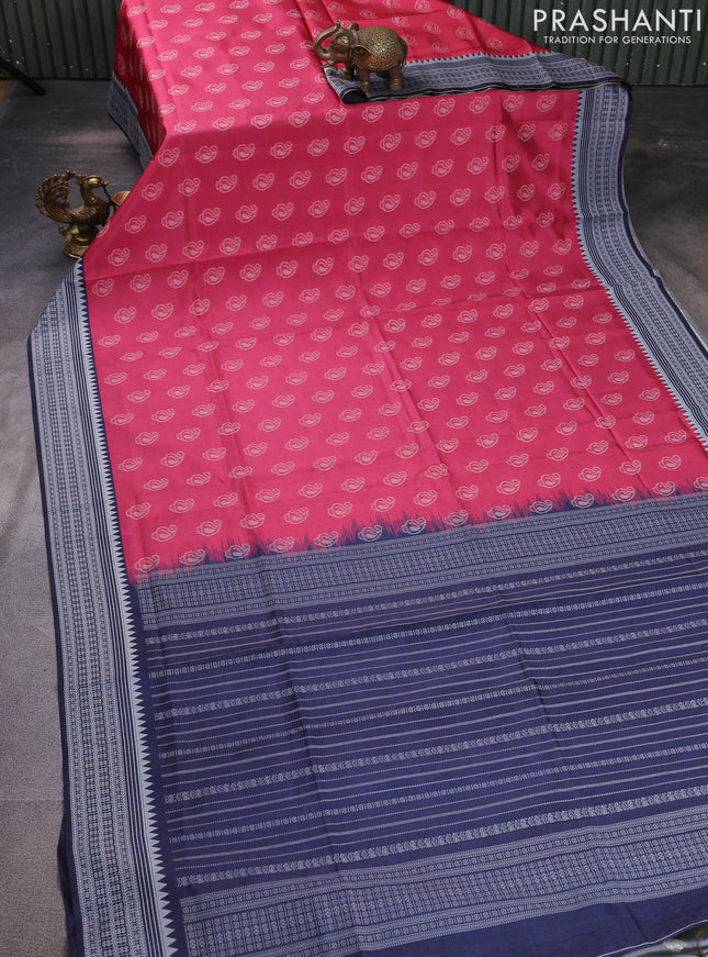 Sambalpuri semi silk saree pink and navy blue with paisley butta weaves and thread woven border