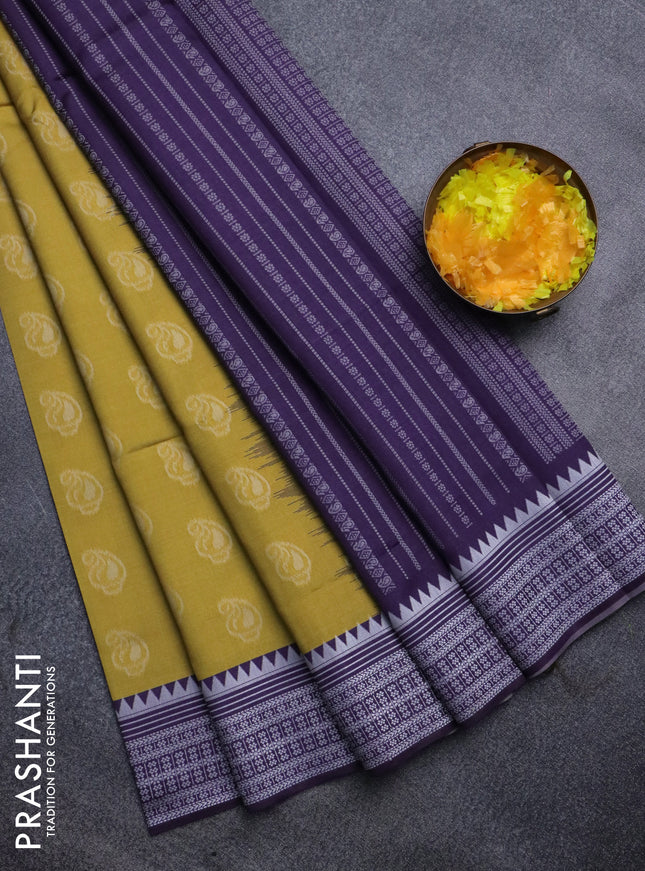 Sambalpuri semi silk saree yellow and deep violet with paisley butta weaves and thread woven border