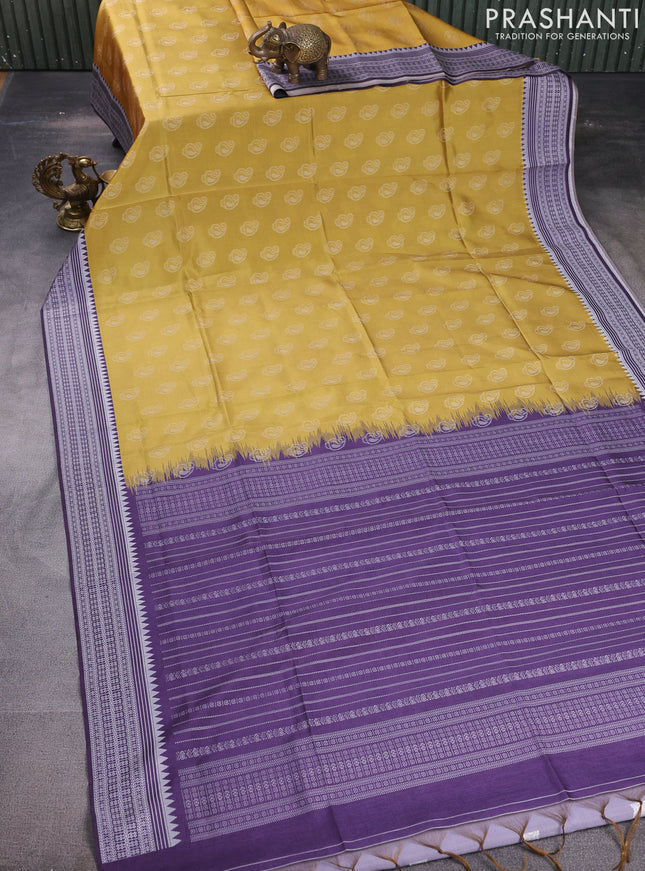 Sambalpuri semi silk saree yellow and deep violet with paisley butta weaves and thread woven border