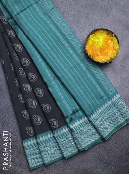 Sambalpuri semi silk saree elephant grey and green shade with paisley butta weaves and thread woven border