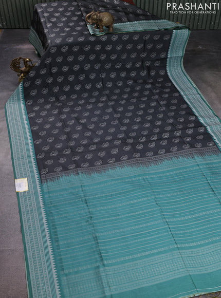 Sambalpuri semi silk saree elephant grey and green shade with paisley butta weaves and thread woven border