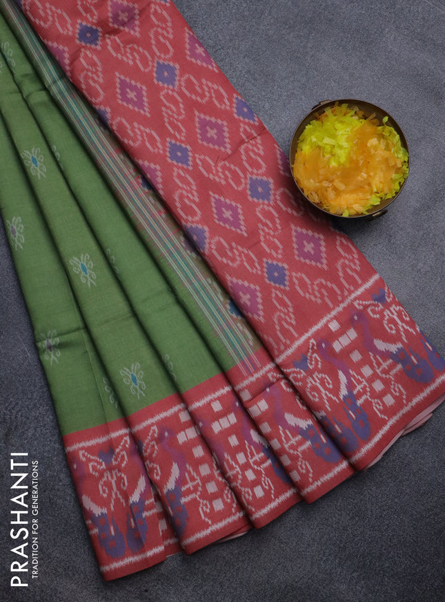 Sambalpuri semi silk saree green and maroon with allover ikat weaves and thread woven border