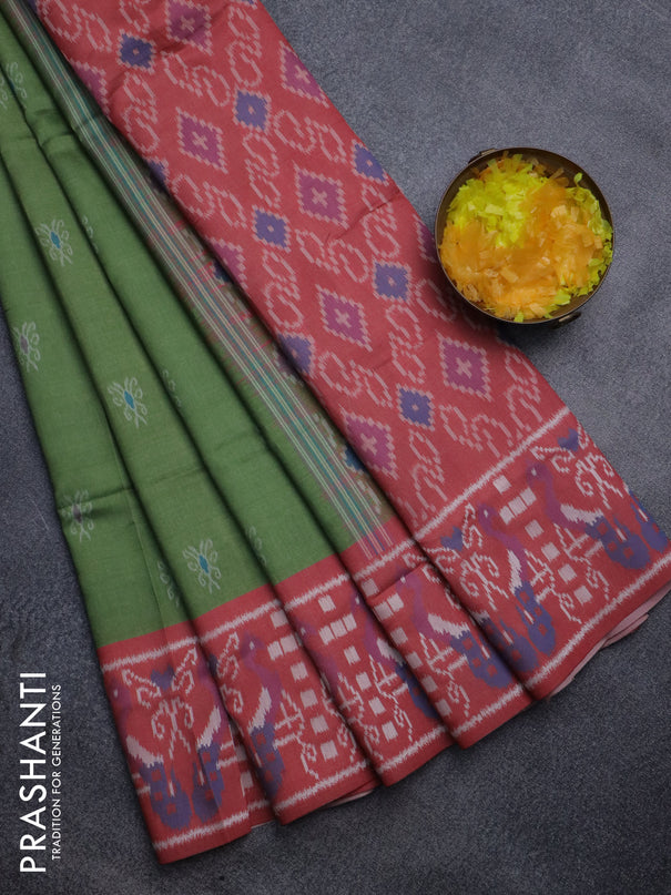 Sambalpuri semi silk saree green and maroon with allover ikat weaves and thread woven border