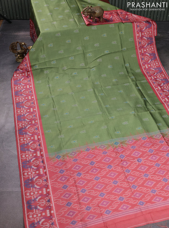 Sambalpuri semi silk saree green and maroon with allover ikat weaves and thread woven border