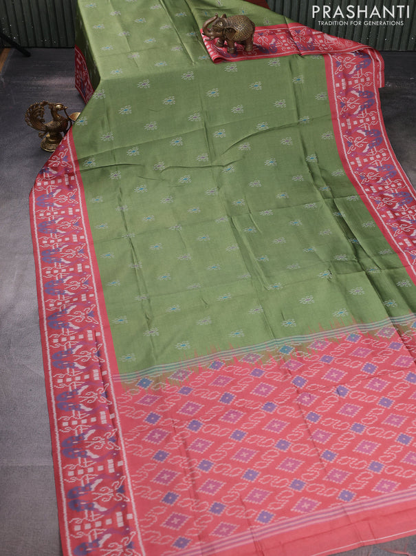 Sambalpuri semi silk saree green and maroon with allover ikat weaves and thread woven border