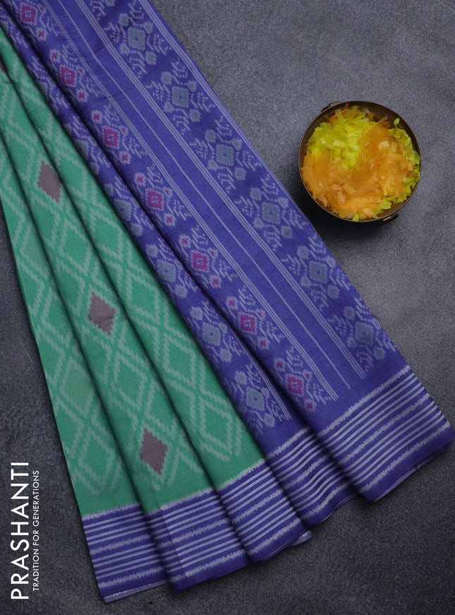 Sambalpuri semi silk saree green and violet with allover ikat weaves and thread woven border