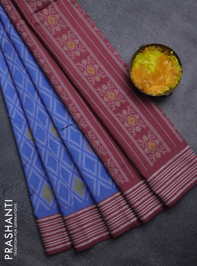 Sambalpuri semi silk saree blue and maroon shade with allover ikat weaves and thread woven border