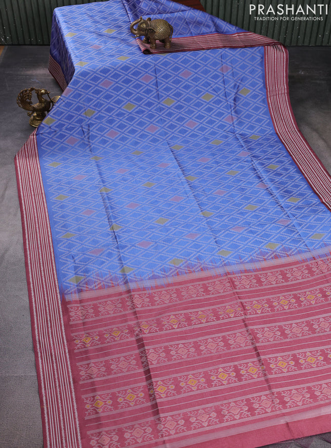 Sambalpuri semi silk saree blue and maroon shade with allover ikat weaves and thread woven border