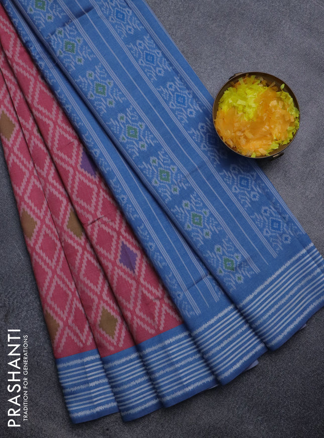 Sambalpuri semi silk saree peach pink and blue shade with allover ikat weaves and thread woven border