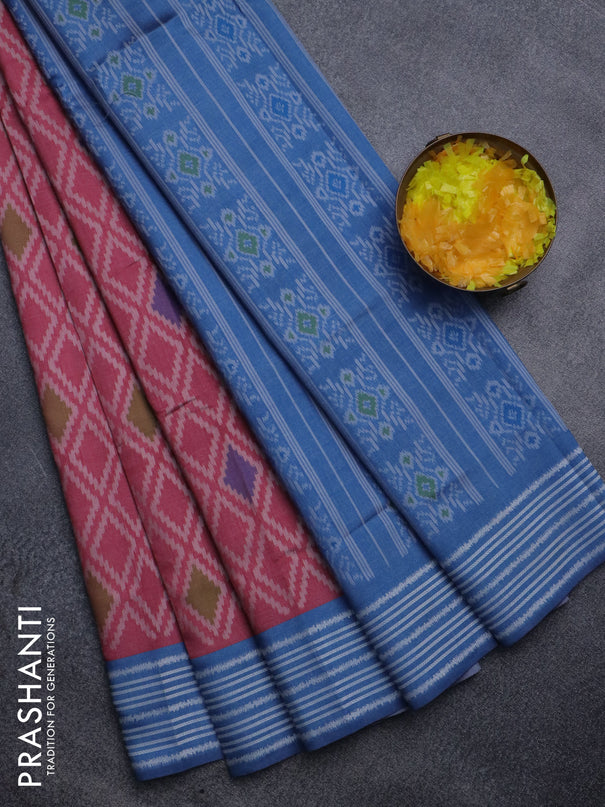 Sambalpuri semi silk saree peach pink and blue shade with allover ikat weaves and thread woven border