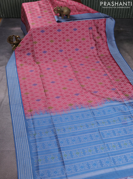 Sambalpuri semi silk saree peach pink and blue shade with allover ikat weaves and thread woven border
