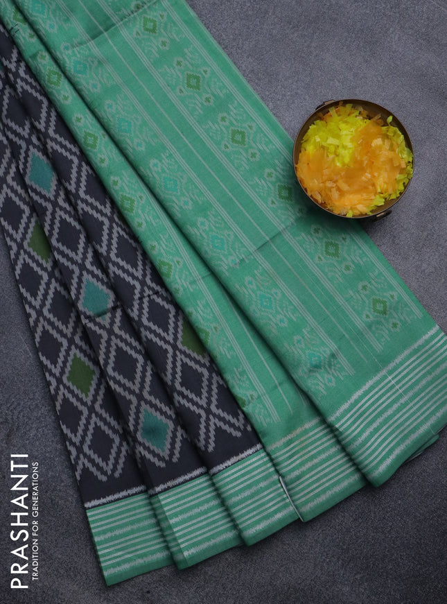 Sambalpuri semi silk saree elephant grey and green with allover ikat weaves and thread woven border