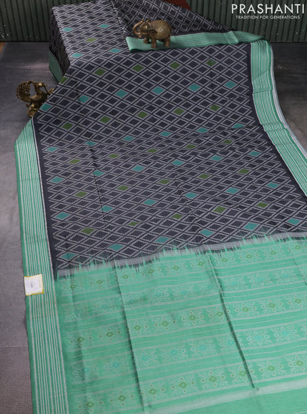 Sambalpuri semi silk saree elephant grey and green with allover ikat weaves and thread woven border