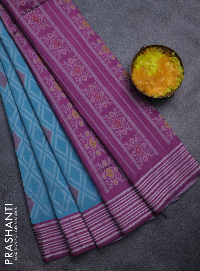Sambalpuri semi silk saree pastel blue and magenta pink with allover ikat weaves and thread woven border