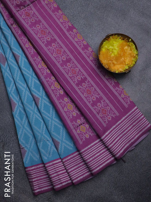 Sambalpuri semi silk saree pastel blue and magenta pink with allover ikat weaves and thread woven border