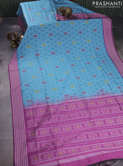 Sambalpuri semi silk saree pastel blue and magenta pink with allover ikat weaves and thread woven border