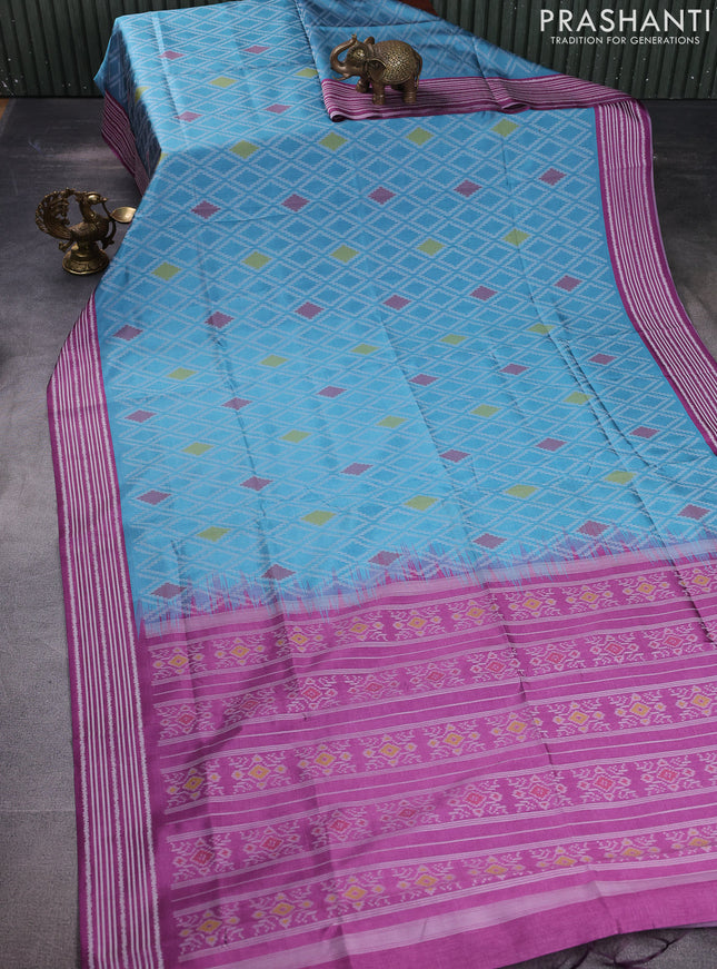 Sambalpuri semi silk saree pastel blue and magenta pink with allover ikat weaves and thread woven border
