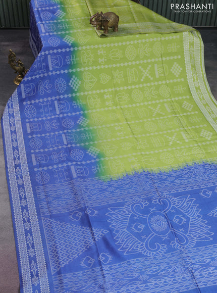 Sambalpuri semi silk saree fluorescent green and blue with allover ikat weaves and thread woven border