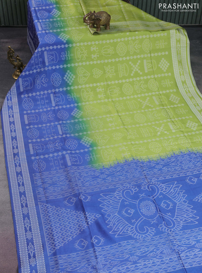 Sambalpuri semi silk saree fluorescent green and blue with allover ikat weaves and thread woven border