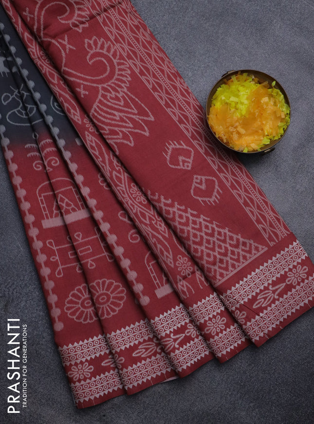 Sambalpuri semi silk saree elephant grey and maroon with allover ikat weaves and thread woven border