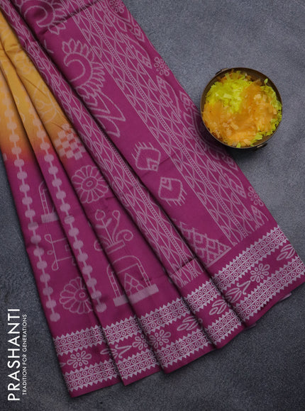 Sambalpuri semi silk saree mango yellow and magenta pink with allover ikat weaves and thread woven border
