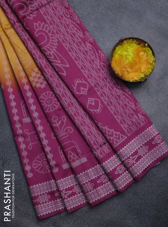 Sambalpuri semi silk saree mango yellow and magenta pink with allover ikat weaves and thread woven border