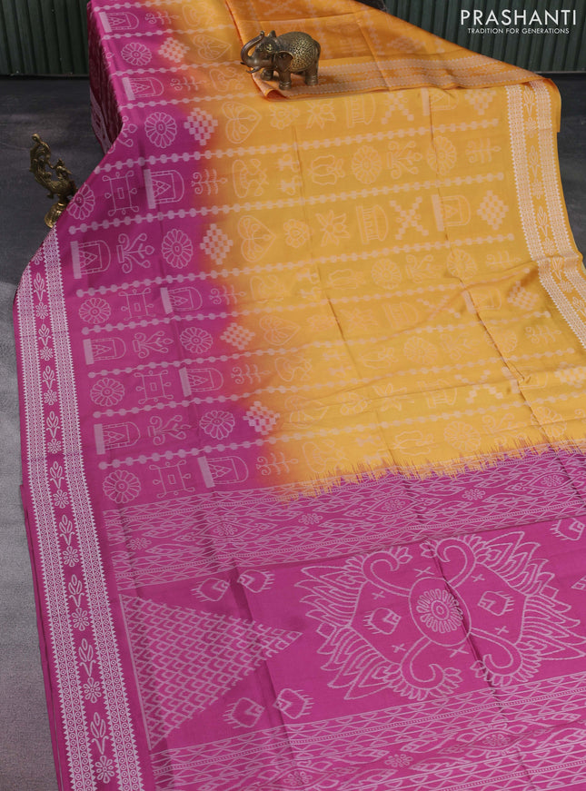 Sambalpuri semi silk saree mango yellow and magenta pink with allover ikat weaves and thread woven border