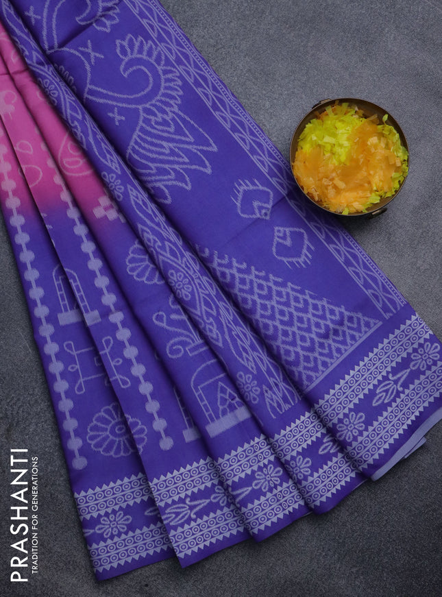 Sambalpuri semi silk saree pink and violet with allover ikat weaves and thread woven border