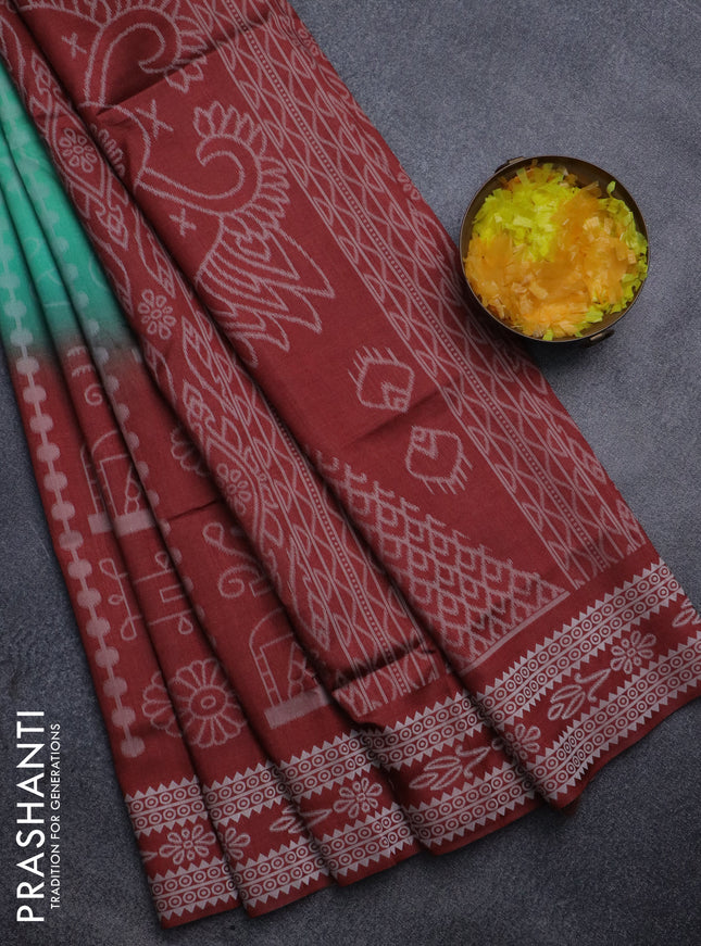 Sambalpuri semi silk saree teal green and maroon with allover ikat weaves and thread woven border