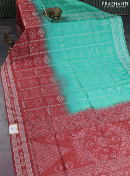 Sambalpuri semi silk saree teal green and maroon with allover ikat weaves and thread woven border