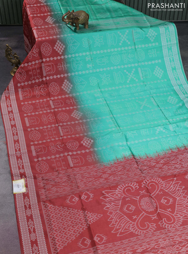 Sambalpuri semi silk saree teal green and maroon with allover ikat weaves and thread woven border