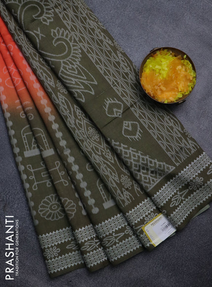 Sambalpuri semi silk saree orange and sap green with allover ikat weaves and thread woven border