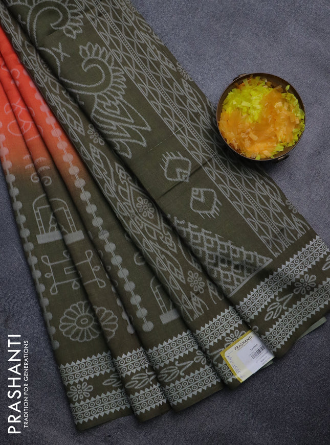 Sambalpuri semi silk saree orange and sap green with allover ikat weaves and thread woven border