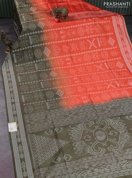 Sambalpuri semi silk saree orange and sap green with allover ikat weaves and thread woven border