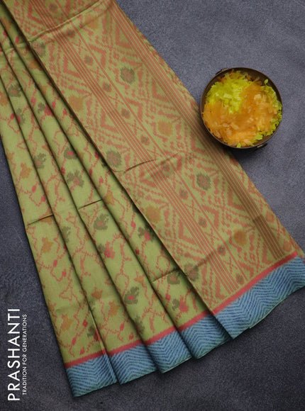 Sambalpuri semi silk saree lime yellow and pastel blue with allover ikat weaves and thread woven border