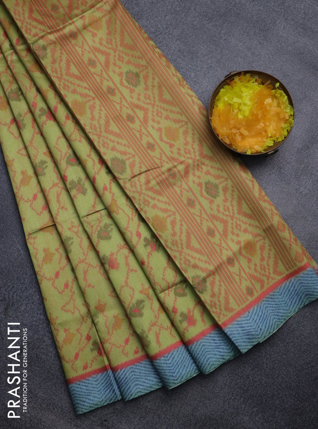 Sambalpuri semi silk saree lime yellow and pastel blue with allover ikat weaves and thread woven border