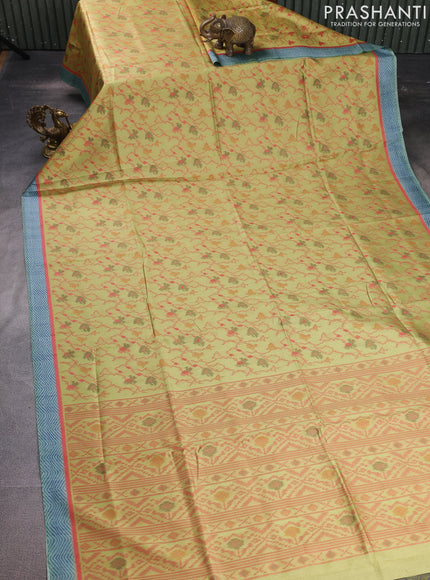 Sambalpuri semi silk saree lime yellow and pastel blue with allover ikat weaves and thread woven border