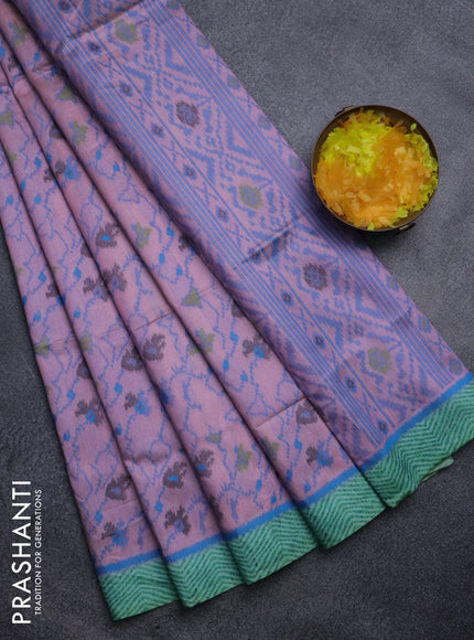 Sambalpuri semi silk saree mild peach and green shade with allover ikat weaves and thread woven border