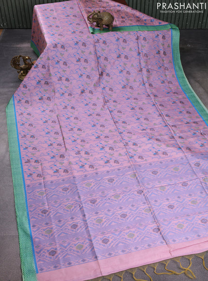 Sambalpuri semi silk saree mild peach and green shade with allover ikat weaves and thread woven border