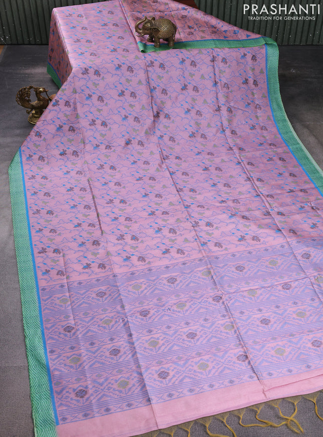 Sambalpuri semi silk saree mild peach and green shade with allover ikat weaves and thread woven border