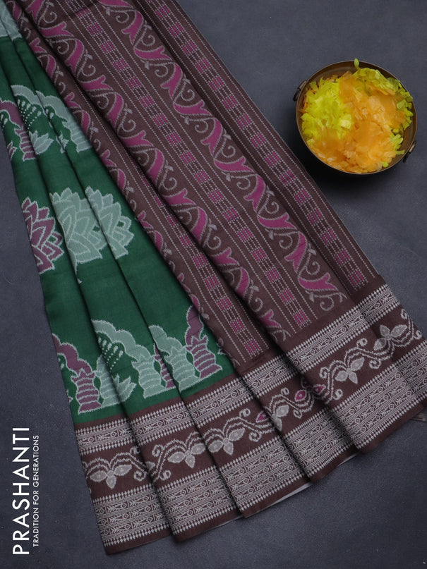 Sambalpuri semi silk saree green and brown with allover ikat weaves and thread woven border