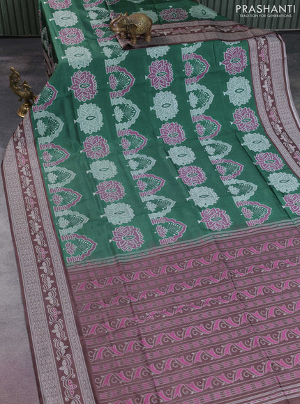 Sambalpuri semi silk saree green and brown with allover ikat weaves and thread woven border