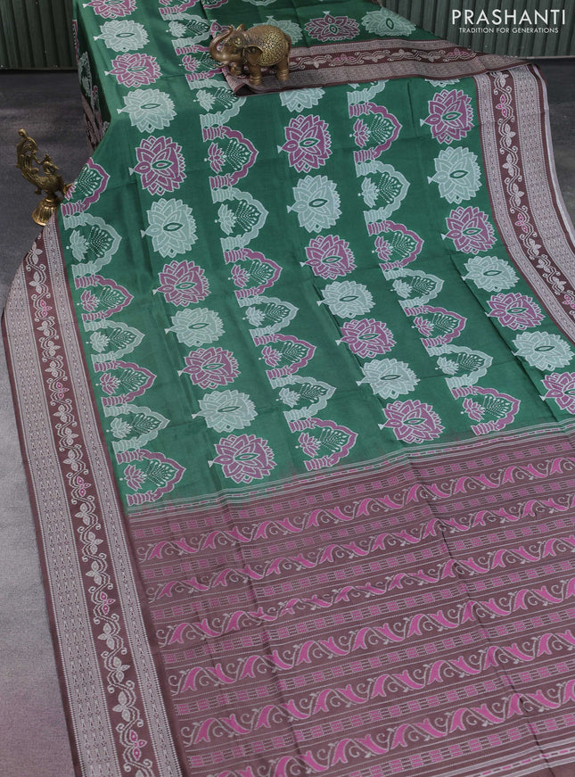 Sambalpuri semi silk saree green and brown with allover ikat weaves and thread woven border