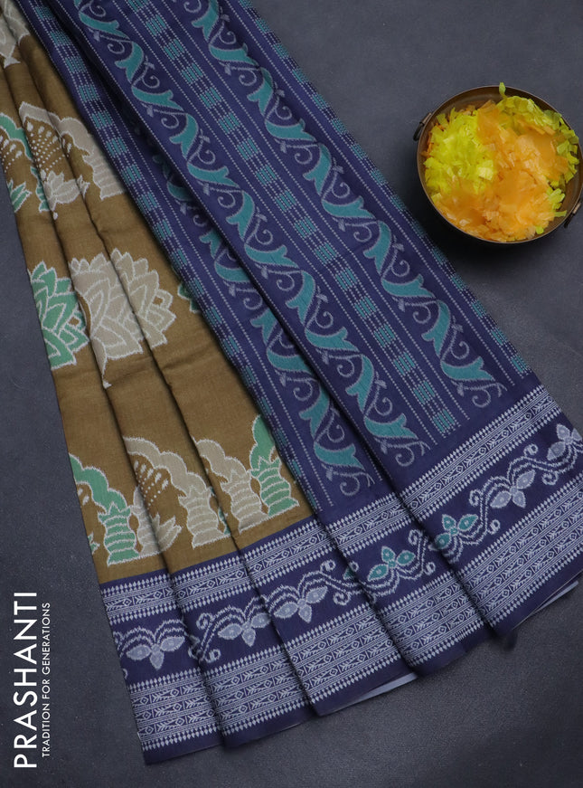 Sambalpuri semi silk saree mehendi green and dark blue with allover ikat weaves and thread woven border