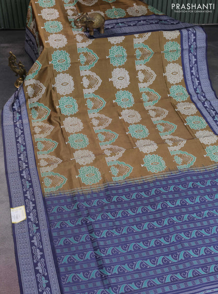 Sambalpuri semi silk saree mehendi green and dark blue with allover ikat weaves and thread woven border