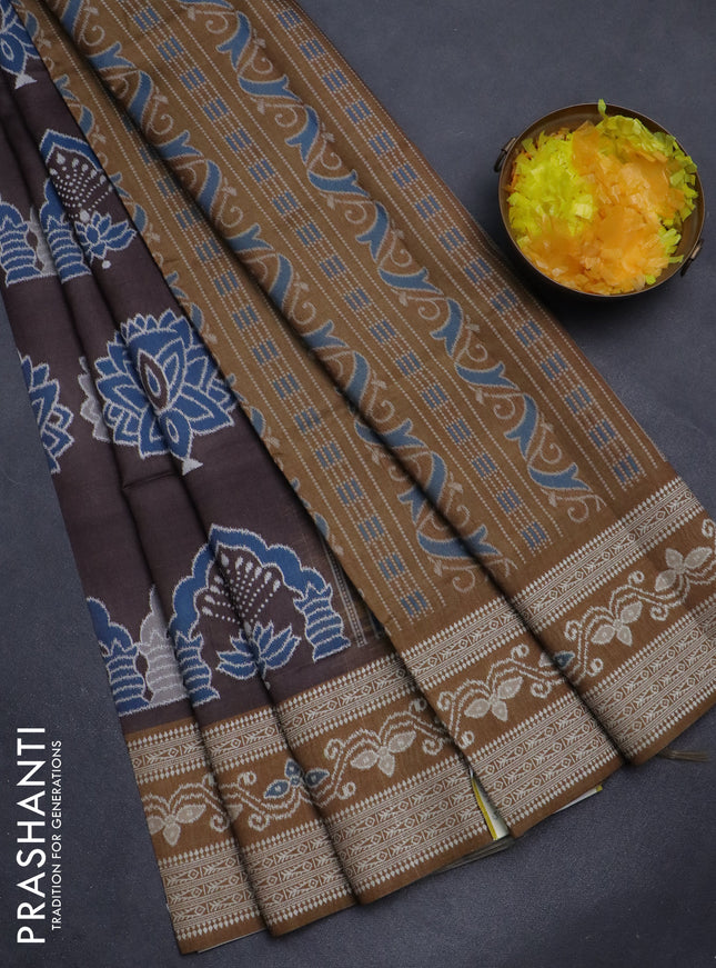 Sambalpuri semi silk saree coffee brown and dark mehendi green with allover ikat weaves and thread woven border