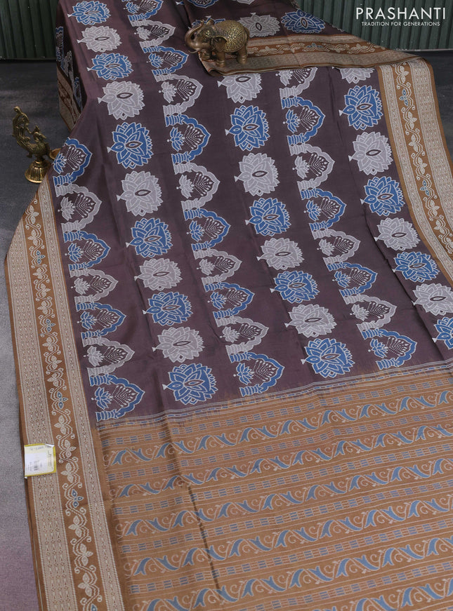 Sambalpuri semi silk saree coffee brown and dark mehendi green with allover ikat weaves and thread woven border